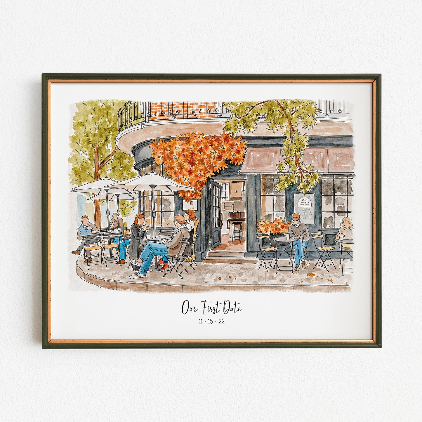 Framed artwork of a café scene with people sitting, titled 'Our First Date'.