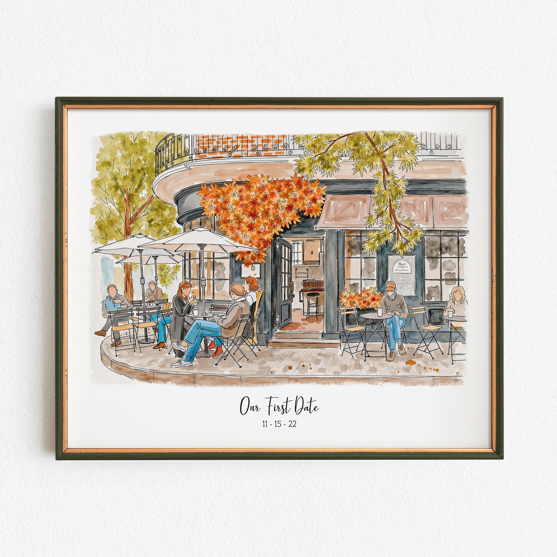Framed artwork of a café scene with people sitting, titled 'Our First Date'.