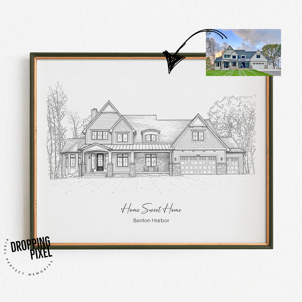 Custom Home Sketch from Photo – Personalized Fine-Line House Portrait