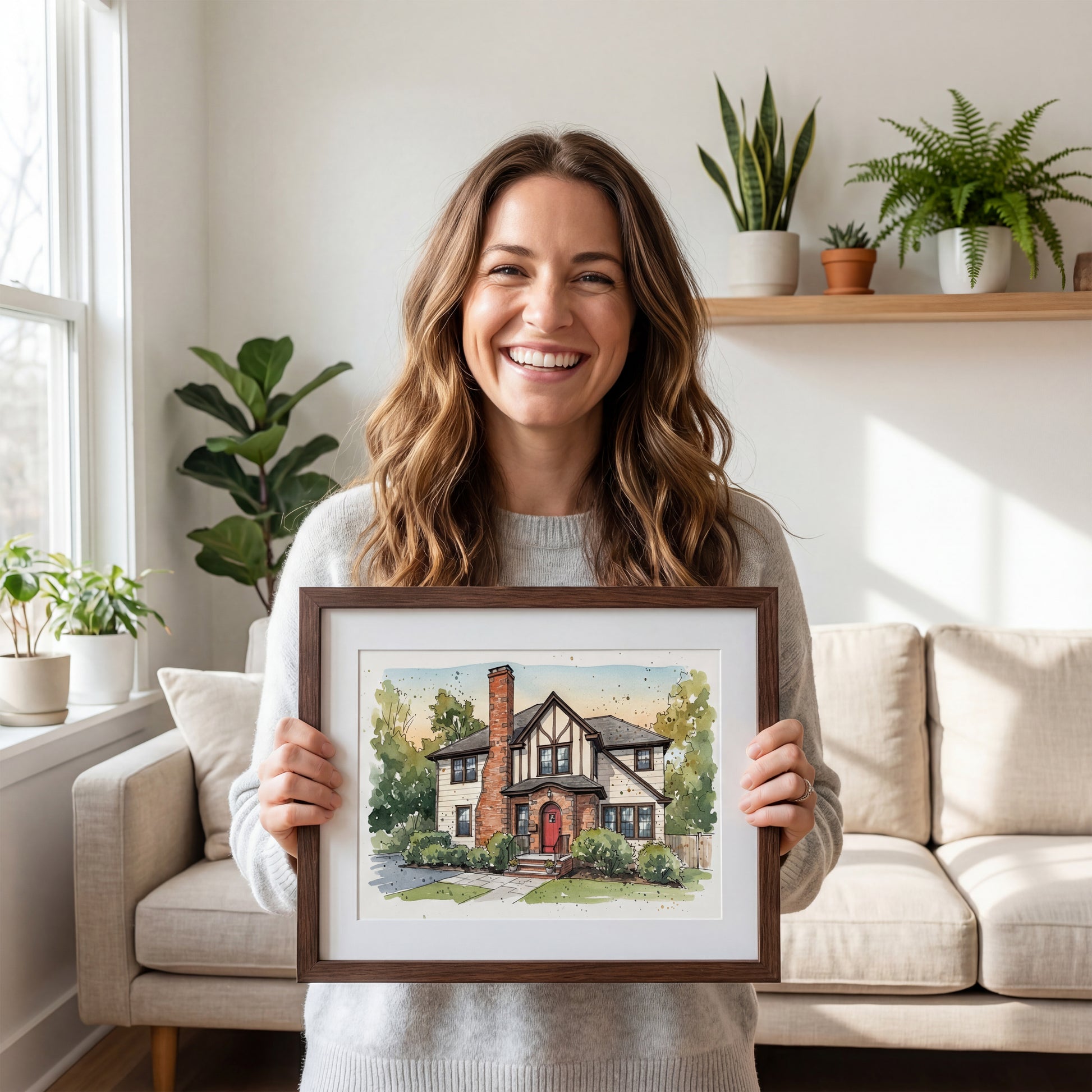 Woman holding a framed painting of a house in a living room with plants and a couch.