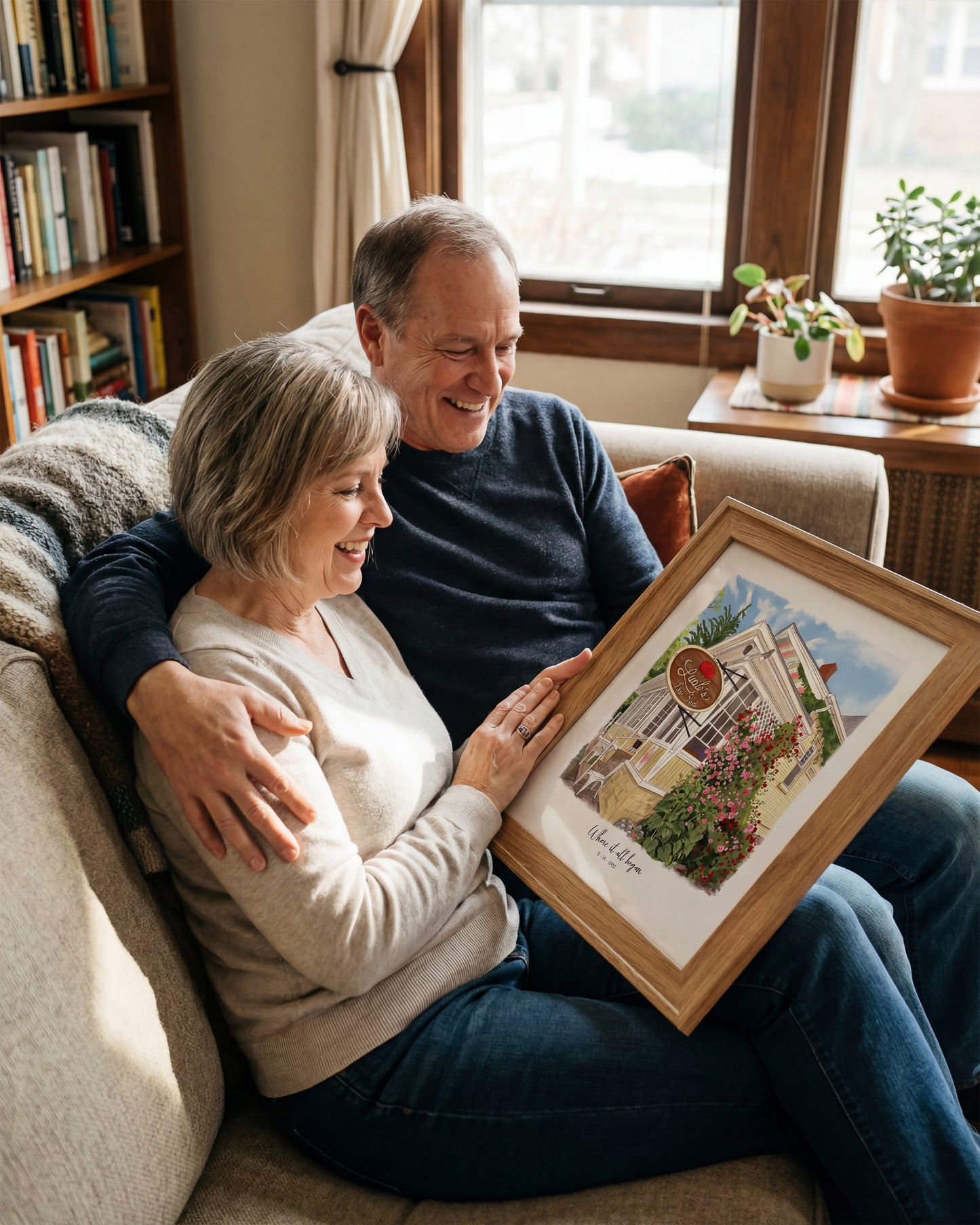 Senior couple sitting on a couch, looking at a framed picture together.