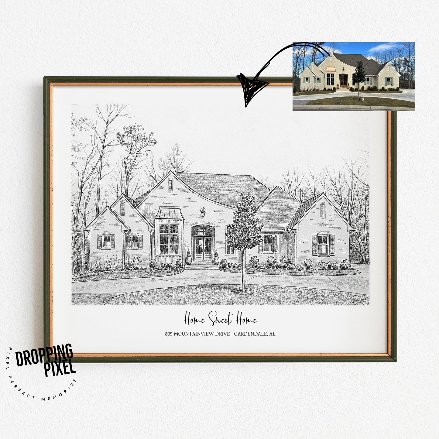 Custom House Portrait from Photo - Black and White Home Drawing