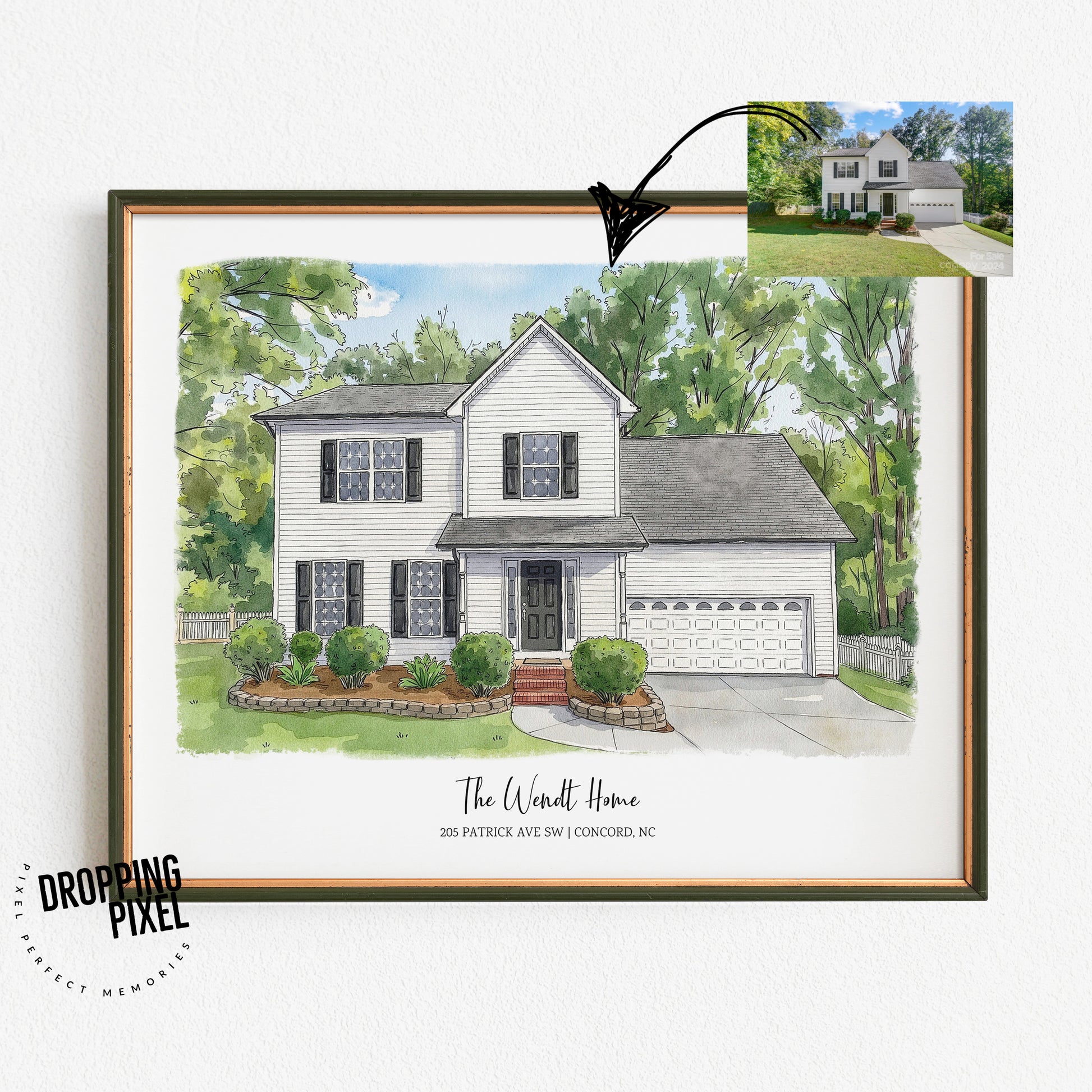 Framed illustration of a house with a real-life photo inset, featuring 'The Wendt Home' text.