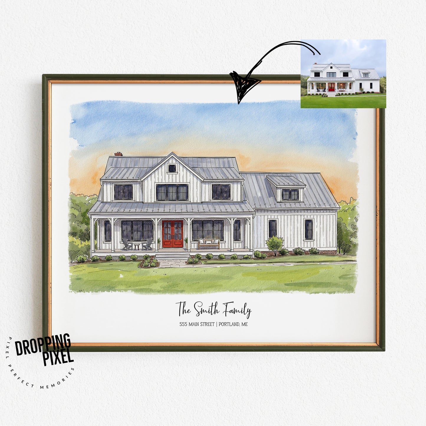 Framed watercolor painting of a house with 'The Smith Family' text at the bottom.