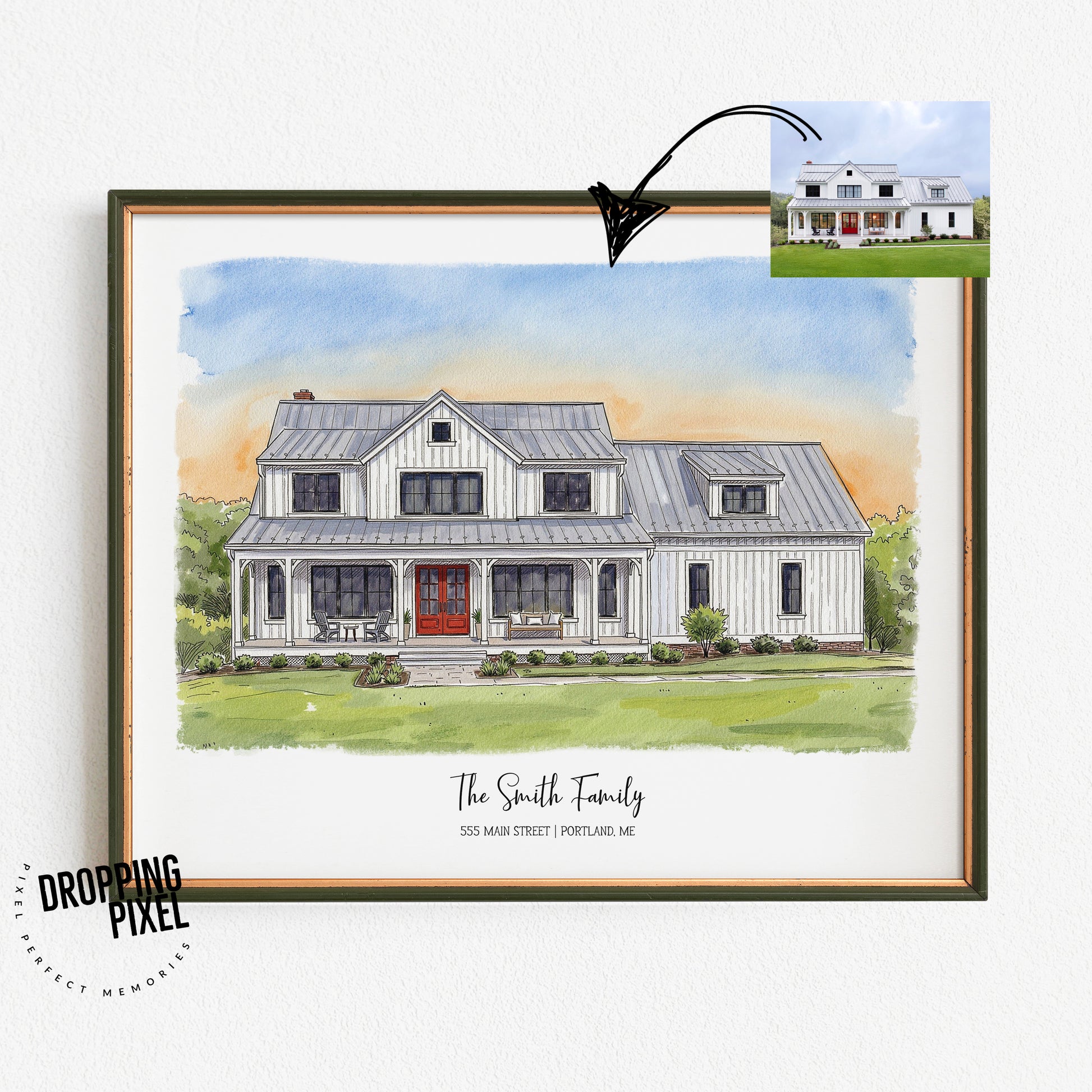 Framed watercolor painting of a house with 'The Smith Family' text at the bottom.