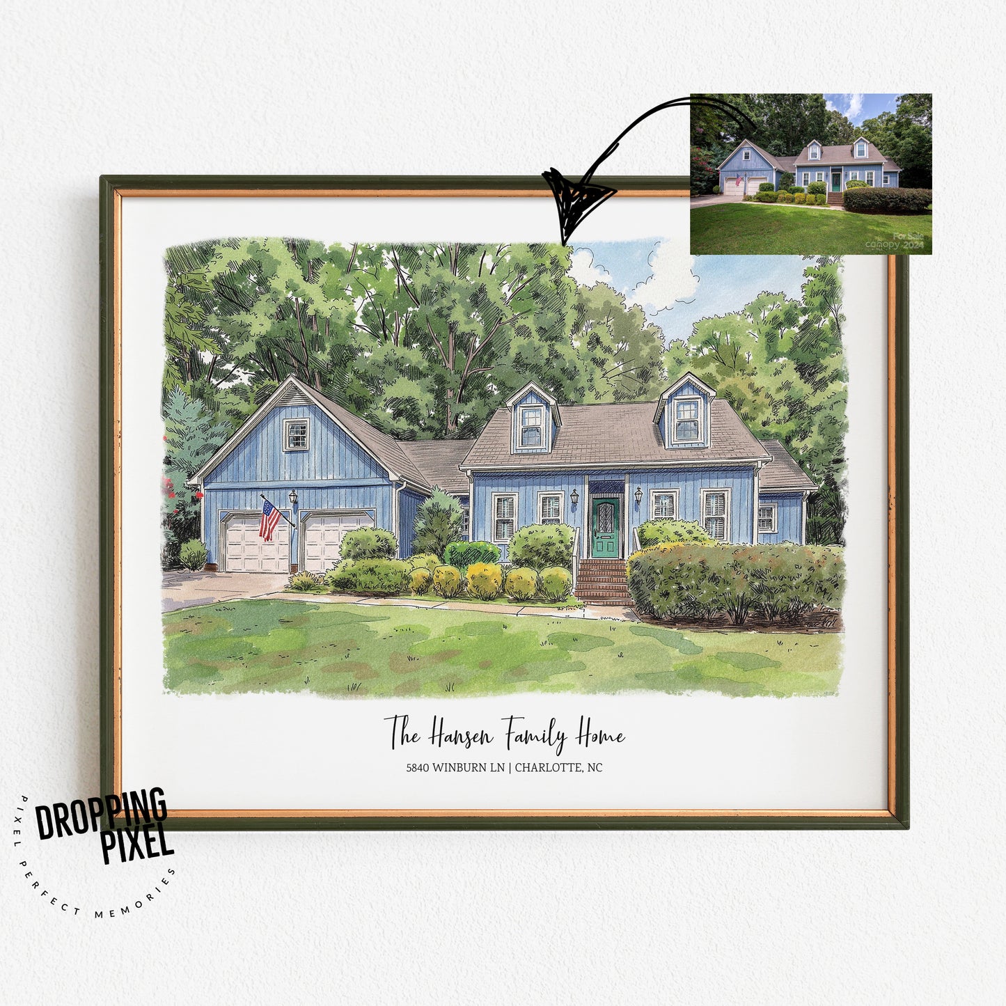 Framed illustration of a blue house with greenery, personalized with family name and address.