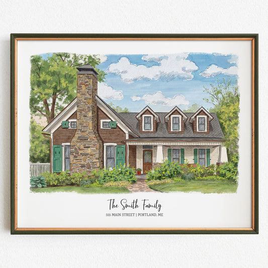 Framed artwork of a house with 'The Smith Family' text on a white background